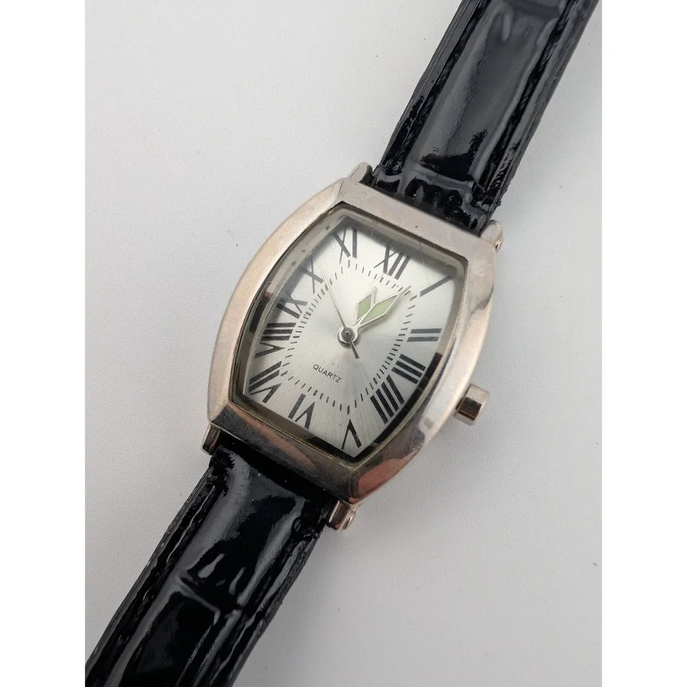 SKC Watch Women 23mm Silver Case Black Leather Band- New Battery